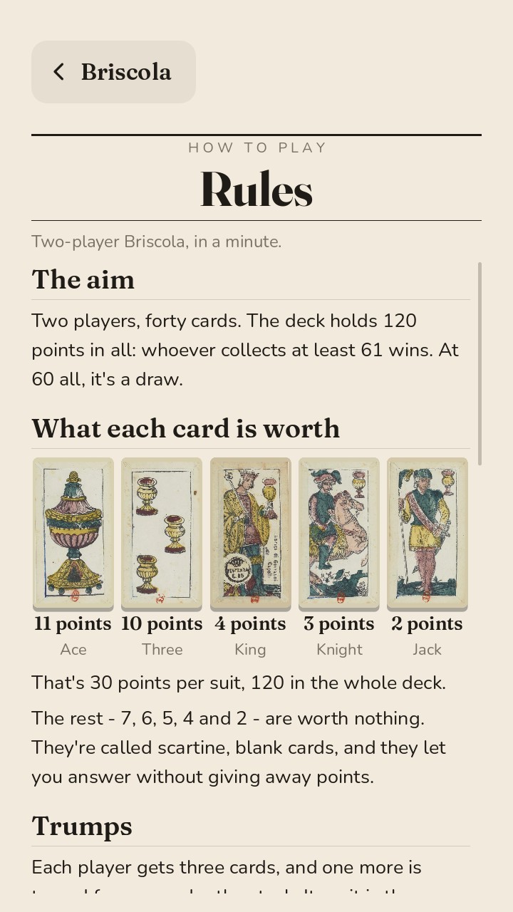 Rules screen showing the five scoring cards with their points underneath