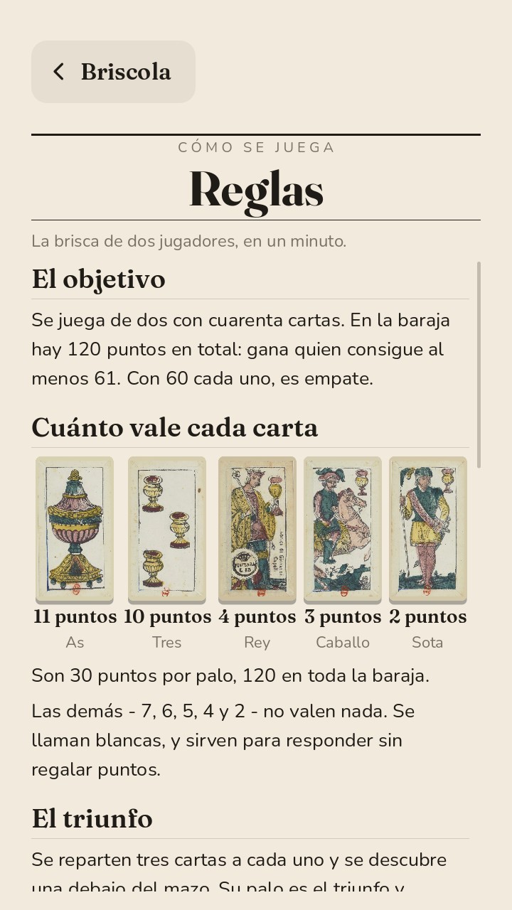 La pantalla de las reglas con las cinco cartas que valen puntos y los puntos debajo