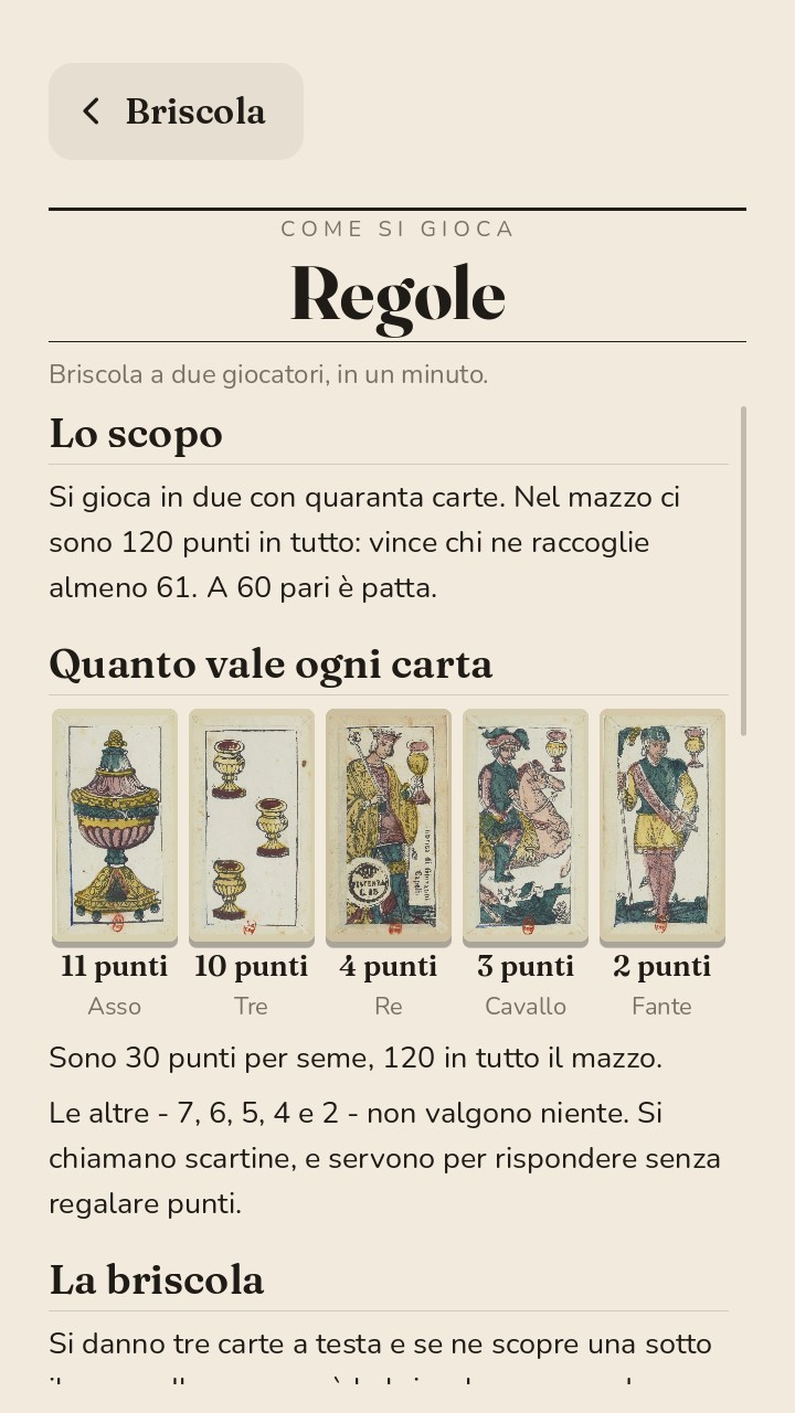 La schermata delle regole con le cinque carte che valgono e i punti sotto