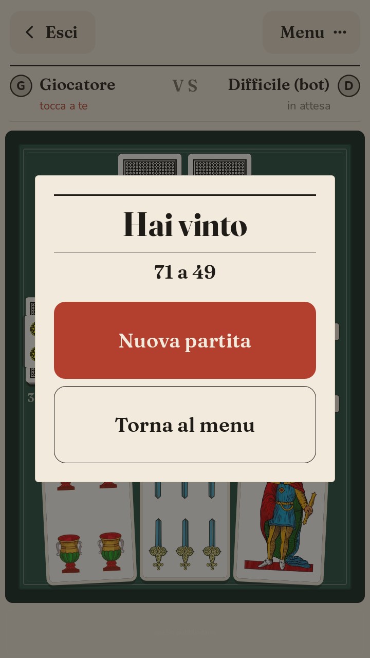Il pannello di fine partita: «Hai vinto», 71 a 49, e i pulsanti per rigiocare