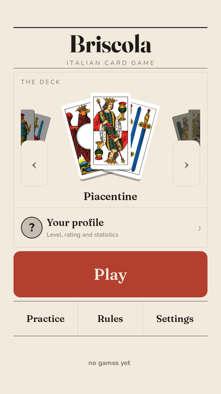 Briscola main menu on printed paper: the deck showcase, and the buttons to play, practise, read the rules and open the settings