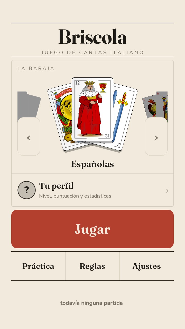 El men&uacute; de Briscola, como una hoja impresa: el escaparate de barajas y los botones para jugar, practicar, leer las reglas y abrir los ajustes