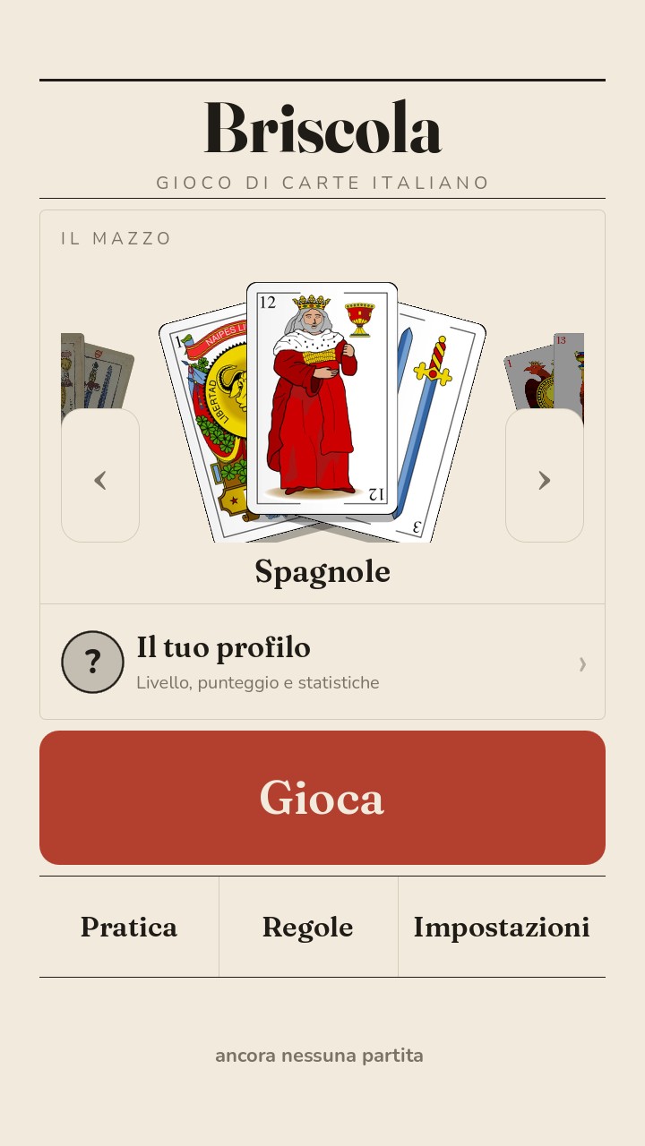 Il menu della briscola, a foglio stampato: la vetrina dei mazzi e i pulsanti per giocare, fare pratica, leggere le regole e aprire le impostazioni