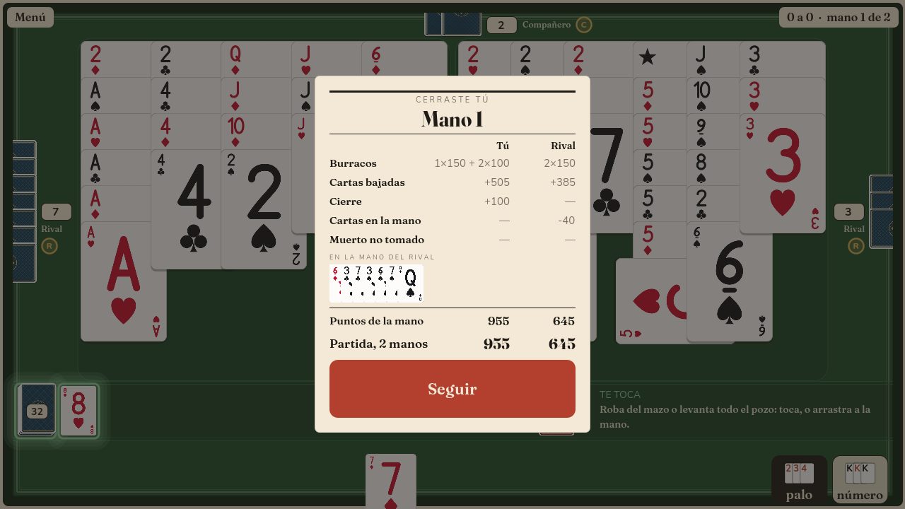 El recuento del final de la mano: cartas bajadas, burracos, cierre, muerto y cartas en la mano