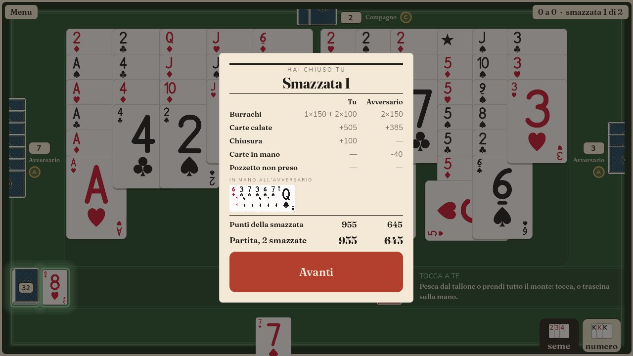Il conto di fine smazzata: carte calate, burrachi, chiusura, pozzetto e carte in mano