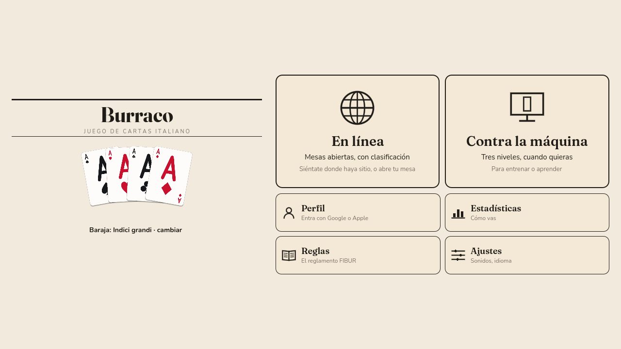 El men&uacute; del burraco: botones grandes para jugar en l&iacute;nea y contra la m&aacute;quina, y luego perfil, reglas y ajustes