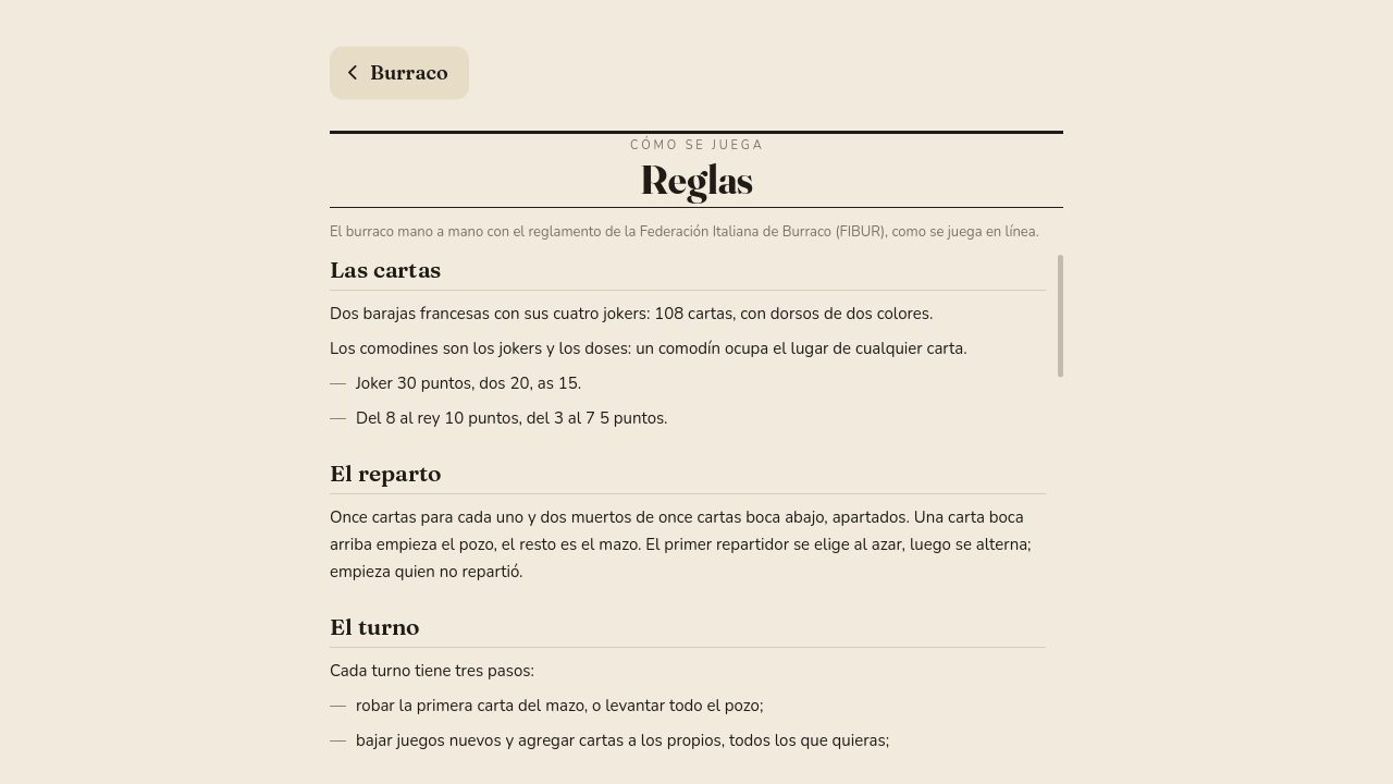 La pantalla de las reglas del burraco: las cartas, el reparto, el turno