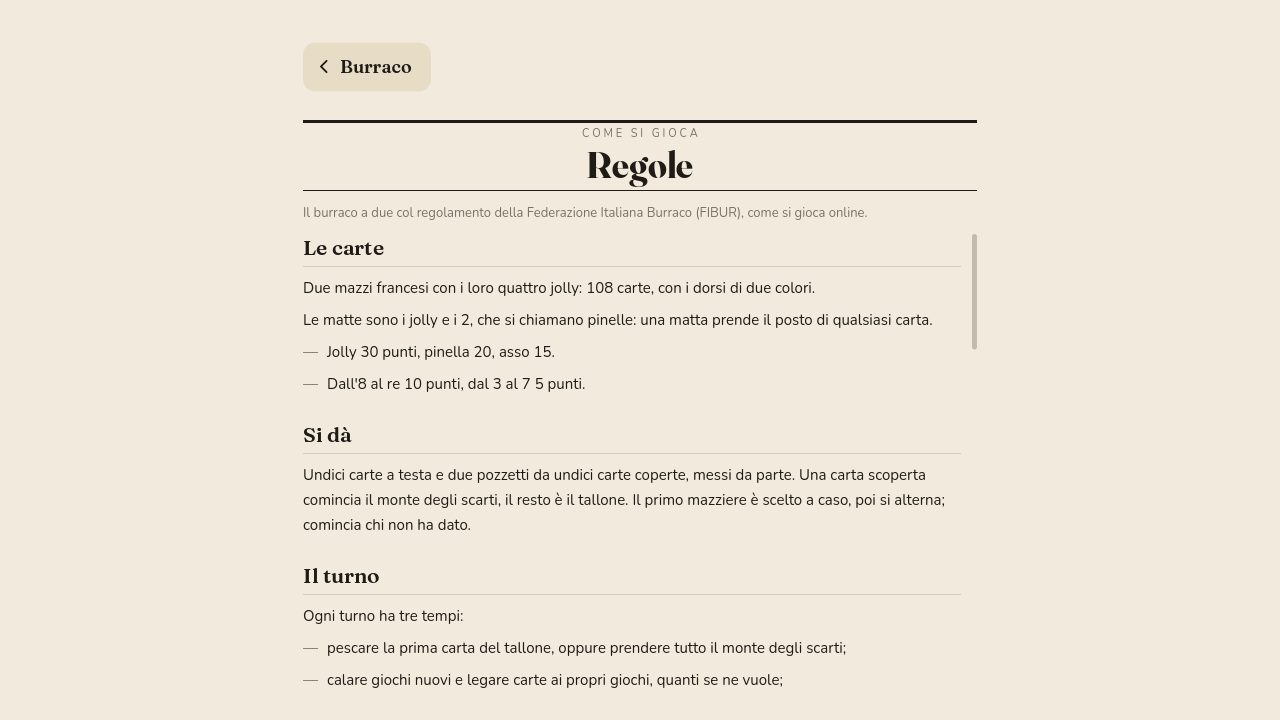 La schermata delle regole del burraco: le carte, la distribuzione, il turno