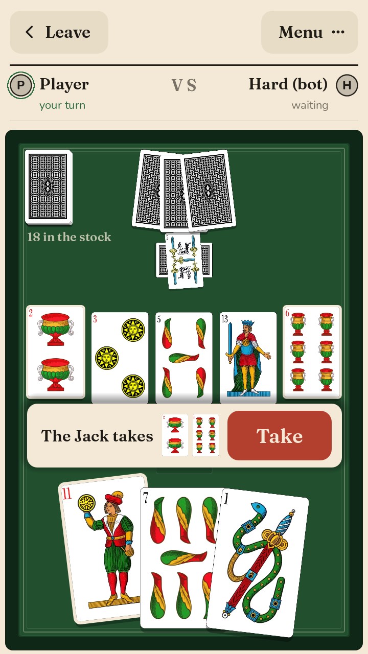 The choice sheet: «The Jack takes» with the two and the six tapped, and the Take button