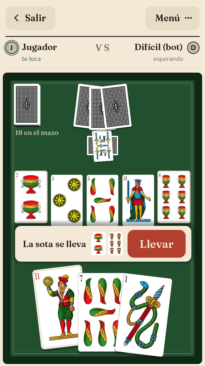 La hoja de la elecci&oacute;n: «La sota se lleva» con el dos y el seis tocados, y el bot&oacute;n Llevar