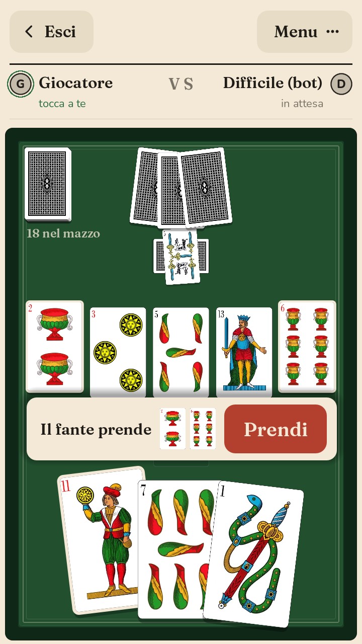 Il foglio della scelta: «Il fante prende» con il due e il sei toccati, e il pulsante Prendi
