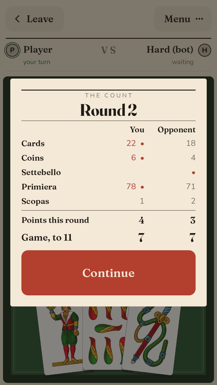 The end-of-round count: cards, coins, settebello, primiera and scopas, and the game score