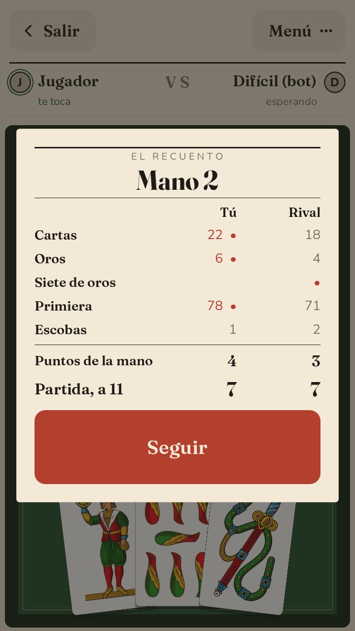 El recuento del final de la mano: cartas, oros, siete de oros, primiera y escobas, y los puntos de la partida