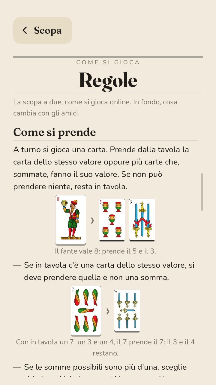 La schermata delle regole: come si prende, con le carte disegnate