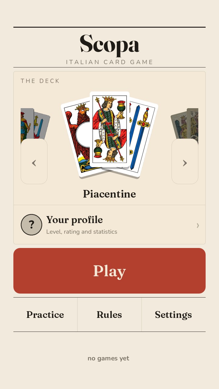 The Scopa menu: the deck showcase and the buttons to play, practise and read the rules