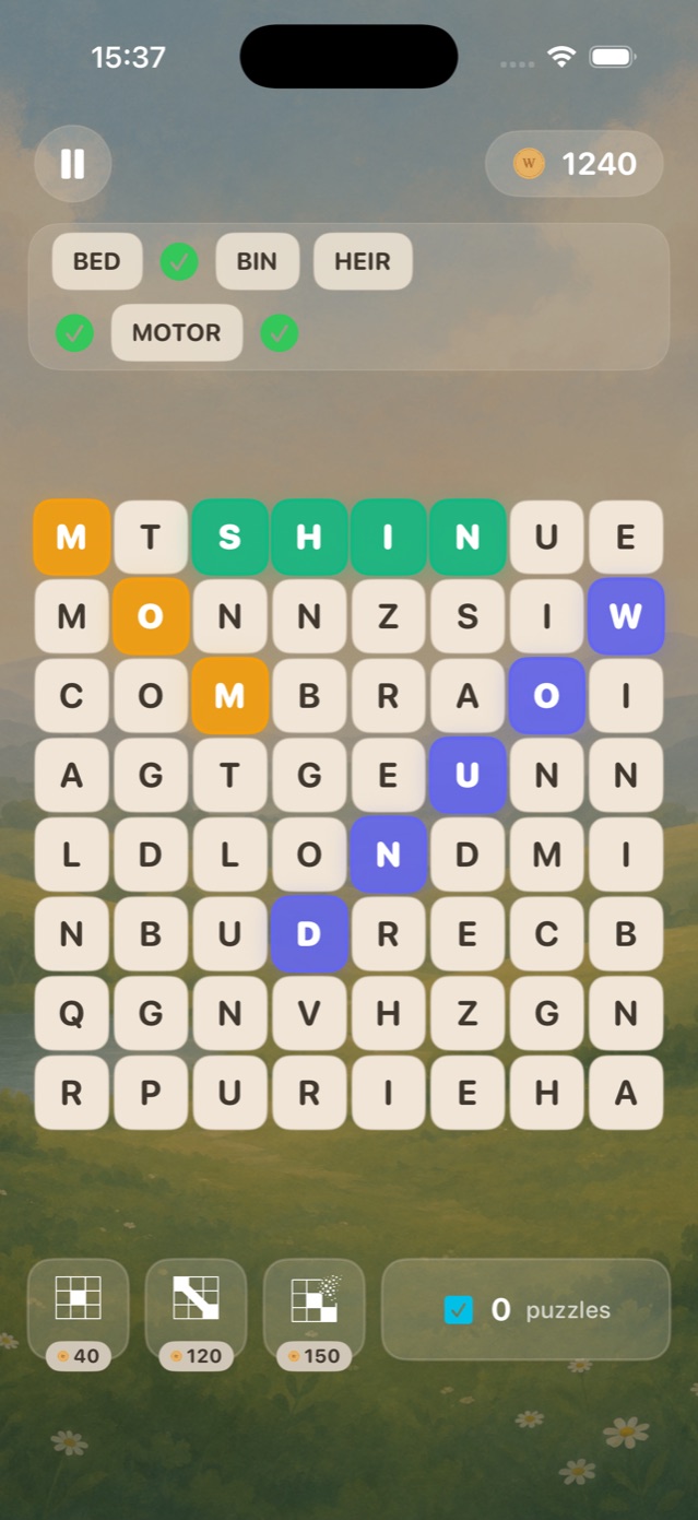 Word search grid in progress, with the word list ticking off and the hint buttons below
